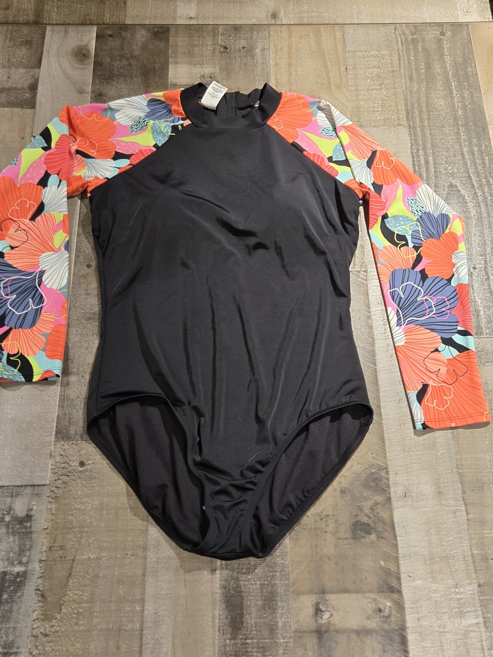 Avia Black One-Piece Swimsuit/Rash Guard with Multicolor Floral Long Sleeves